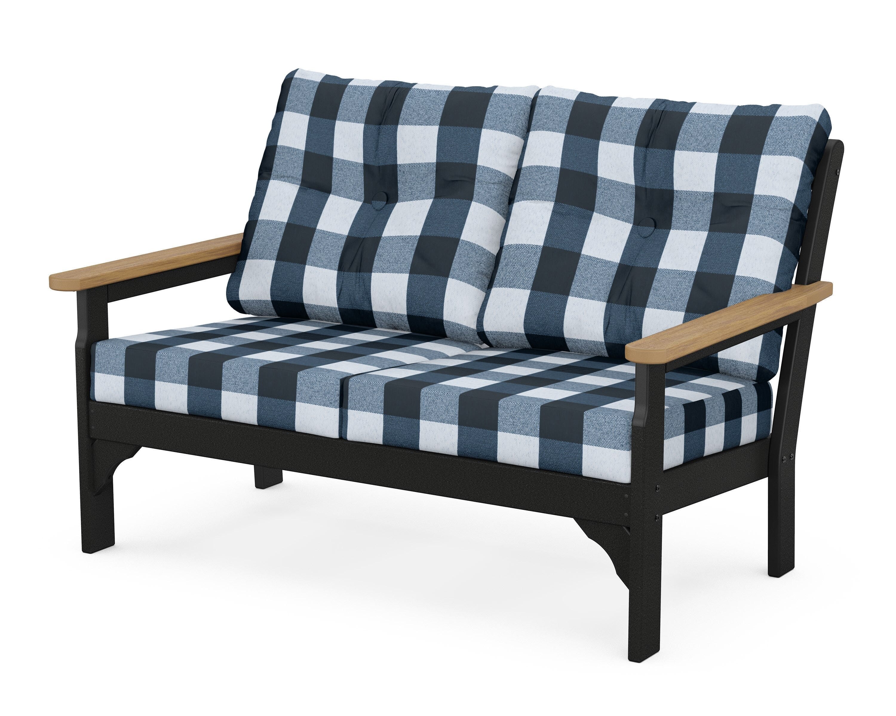 POLYWOOD® Vineyard Deep Seating Loveseat in Black / Natural / Buffalo Plaid Marine Indigo