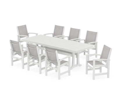POLYWOOD® Coastal 9-Piece Farmhouse Dining Set with Trestle Legs in White / Parchment Sling