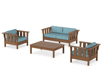Martha Stewart by POLYWOOD® Acadia 4-Piece Deep Seating Set with Loveseat in Teak / Lattice Sky Blue