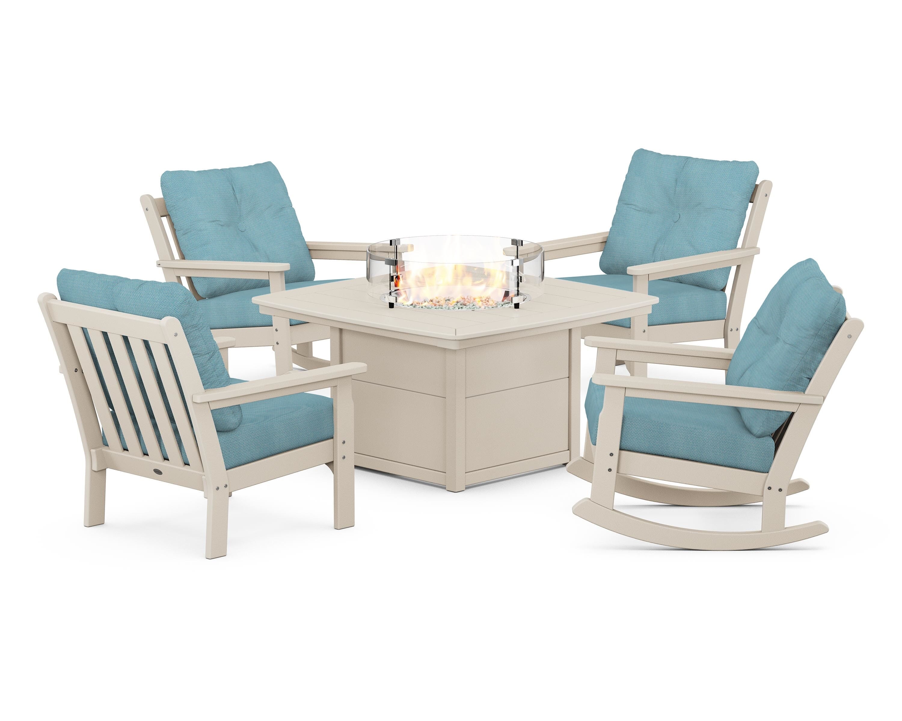 POLYWOOD® Vineyard 5-Piece Deep Seating Rocking Chair Conversation Set with Fire Pit Table in Sand / Lattice Sky Blue