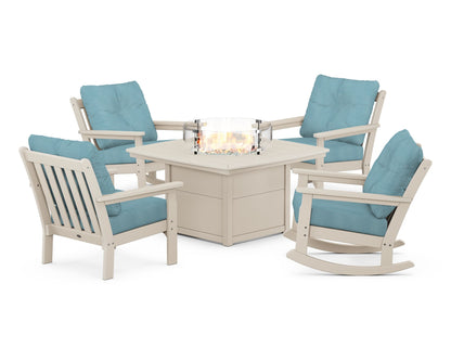 POLYWOOD® Vineyard 5-Piece Deep Seating Rocking Chair Conversation Set with Fire Pit Table in Sand / Lattice Sky Blue