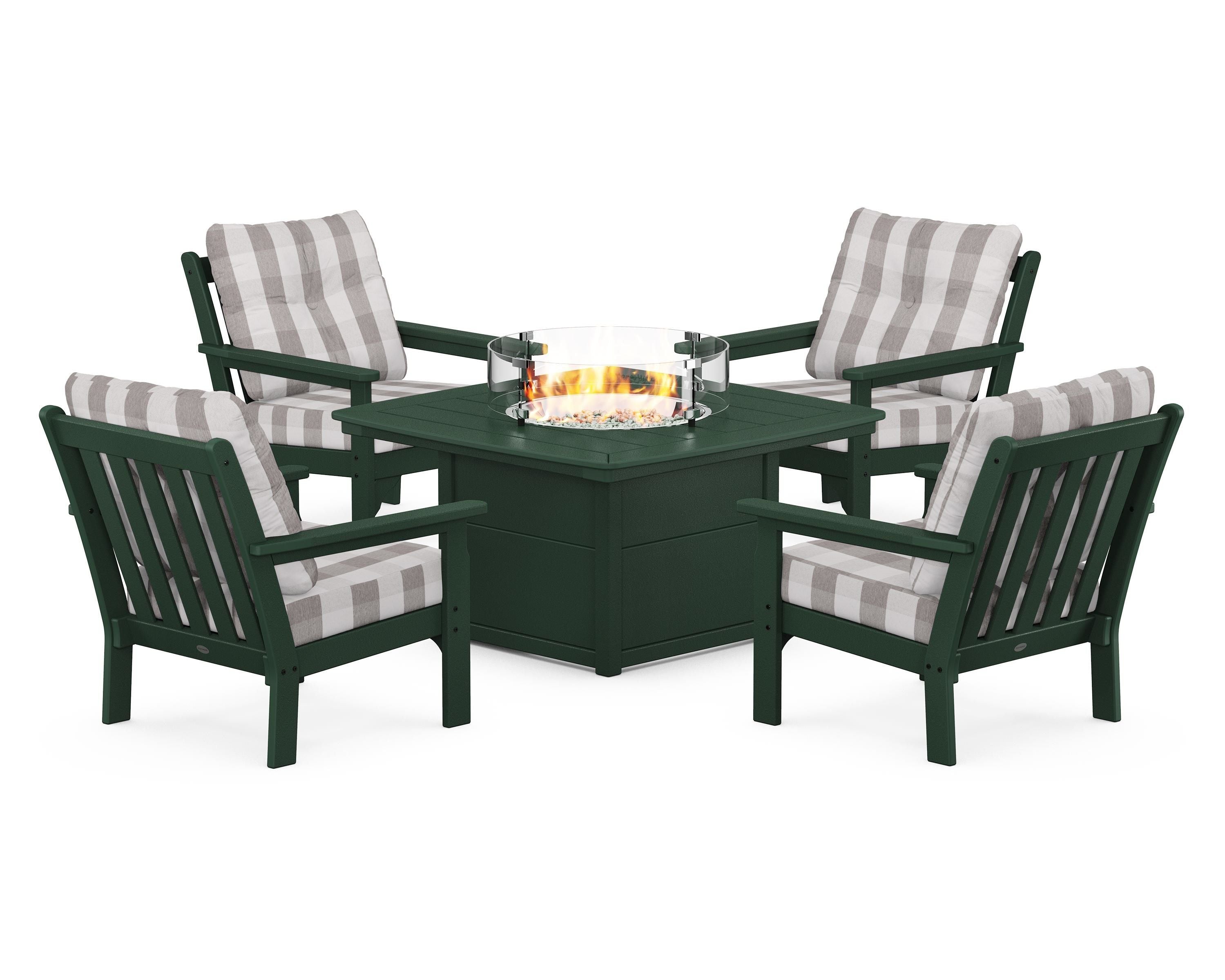 POLYWOOD® Vineyard 5-Piece Conversation Set with Fire Pit Table in Green / Buffalo Plaid Grey Mist