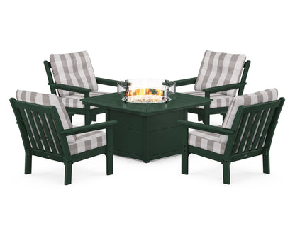 POLYWOOD® Vineyard 5-Piece Conversation Set with Fire Pit Table in Green / Buffalo Plaid Grey Mist