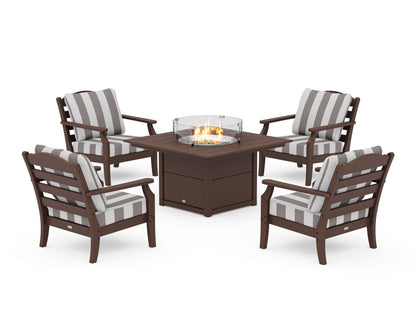 Draper James™ by  POLYWOOD® Savannah 5-Piece Deep Seating Set with Fire Pit Table in Mahogany / Cabana Stripe Grey Mist