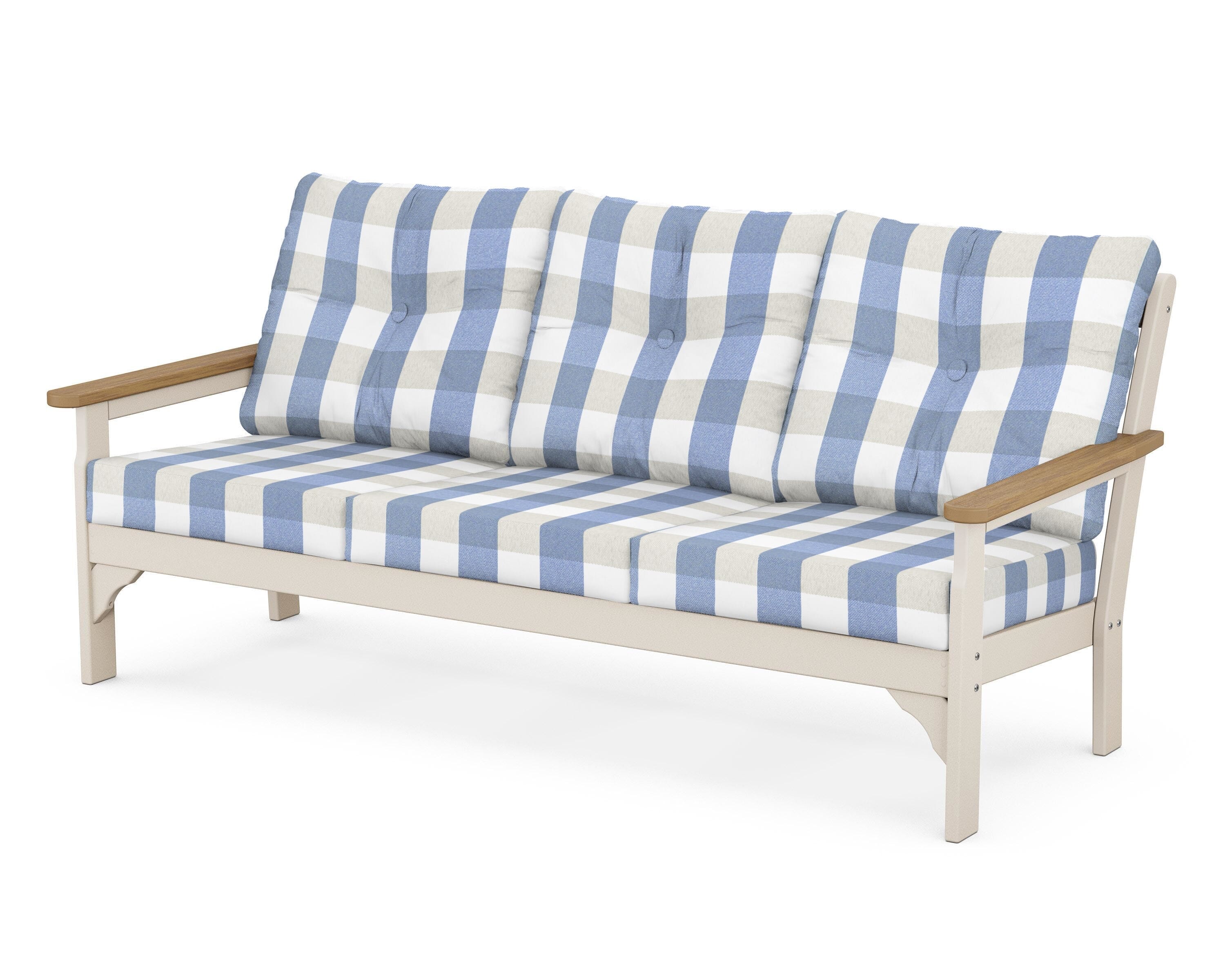 POLYWOOD® Vineyard Deep Seating Sofa in Sand / Natural / Buffalo Plaid Sky Blue