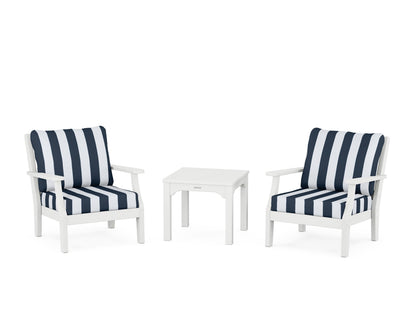Martha Stewart by POLYWOOD® Chinoiserie 3-Piece Deep Seating Set in White / Cabana Stripe Marine Indigo