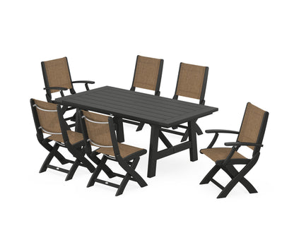 POLYWOOD® Coastal Folding Chair 7-Piece Rustic Farmhouse Dining Set in Black / Burlap Sling