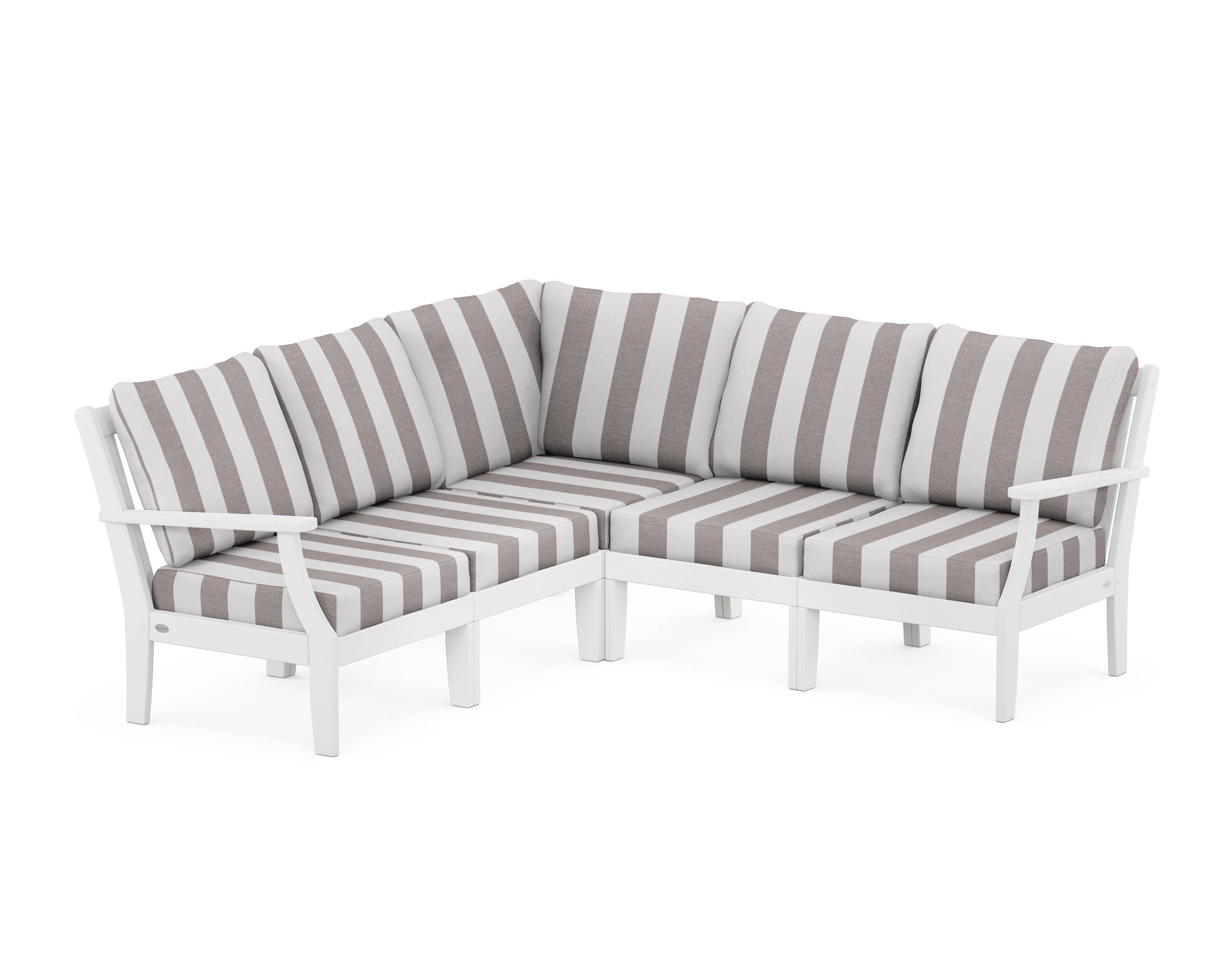 POLYWOOD® Braxton Modular 5-Piece Deep Seating Set in White / Cabana Stripe Grey Mist