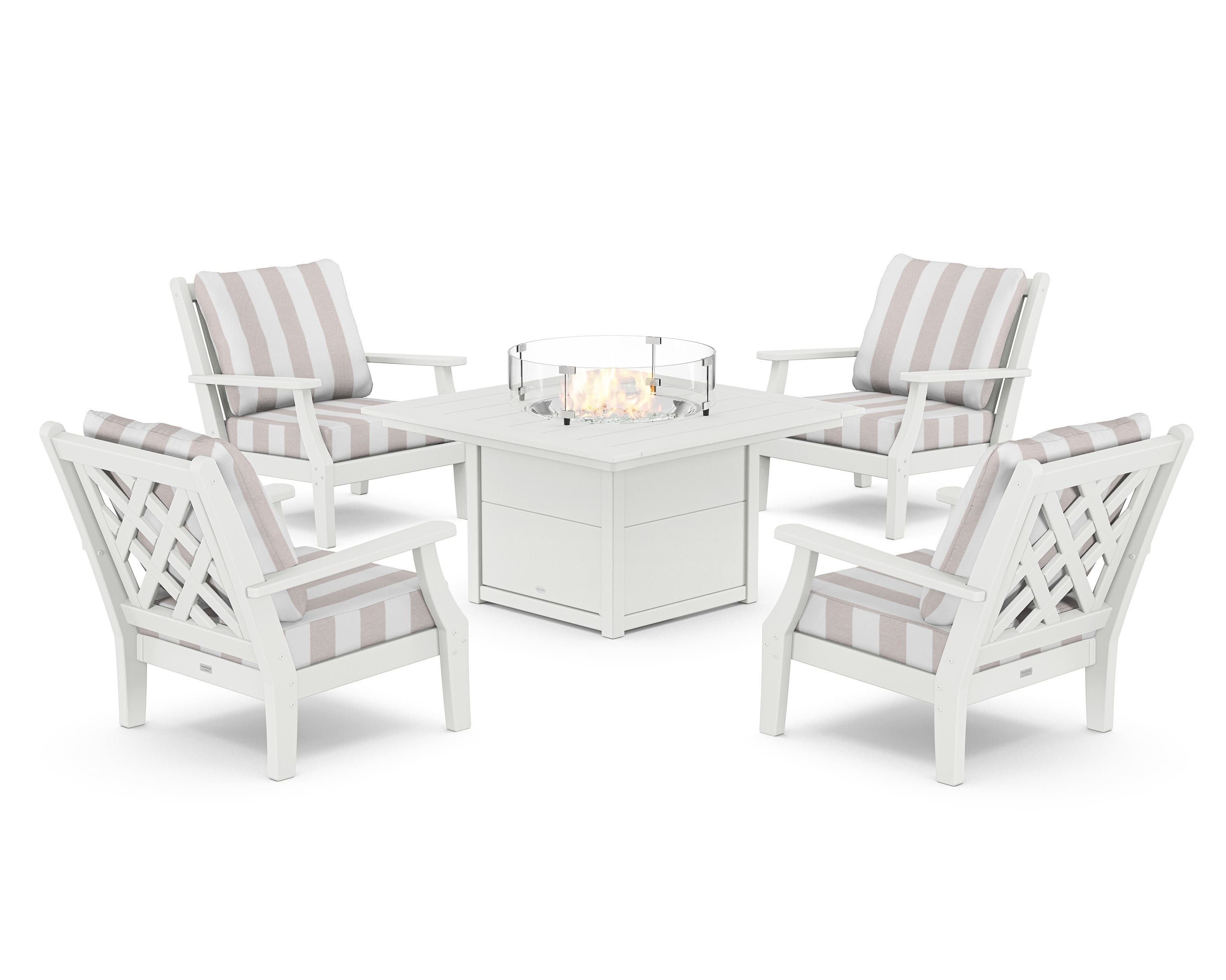 Country Living Wovendale 5-Piece Deep Seating Set with Fire Pit Table in White / Cabana Stripe Dune Burlap