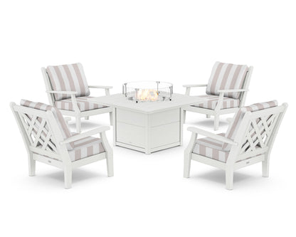 Country Living Wovendale 5-Piece Deep Seating Set with Fire Pit Table in White / Cabana Stripe Dune Burlap