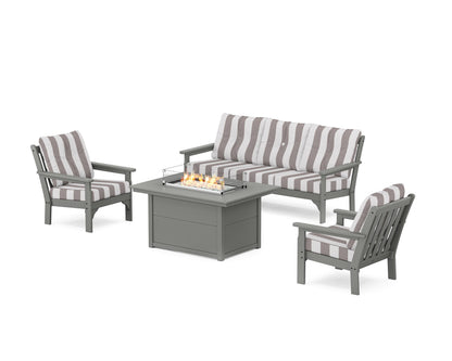 POLYWOOD® Vineyard Deep Seating Fire Pit Table Set in Slate Grey / Cabana Stripe Grey Mist