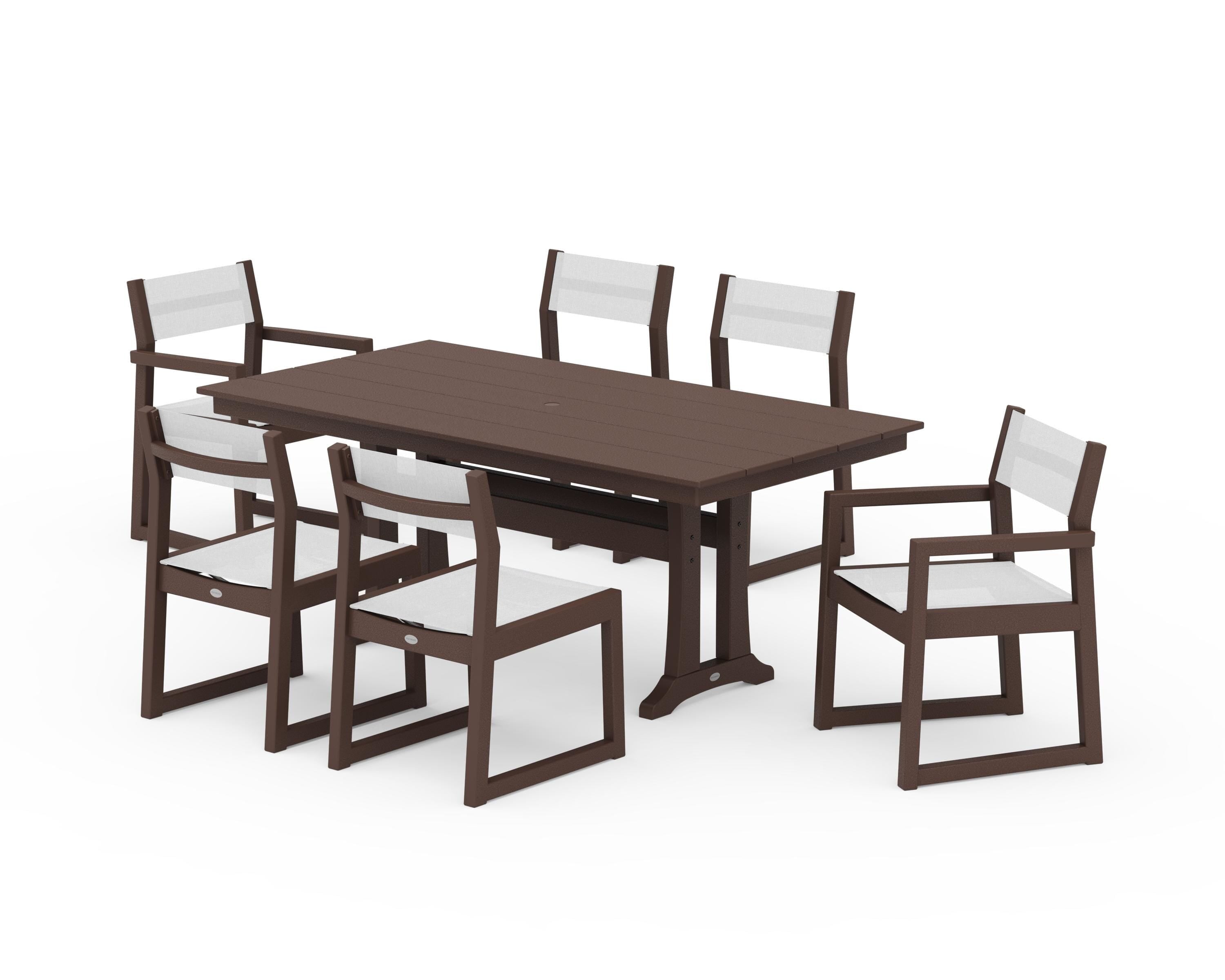 POLYWOOD® EDGE Sling 7-Piece Farmhouse Trestle Dining Set in Mahogany / White Sling