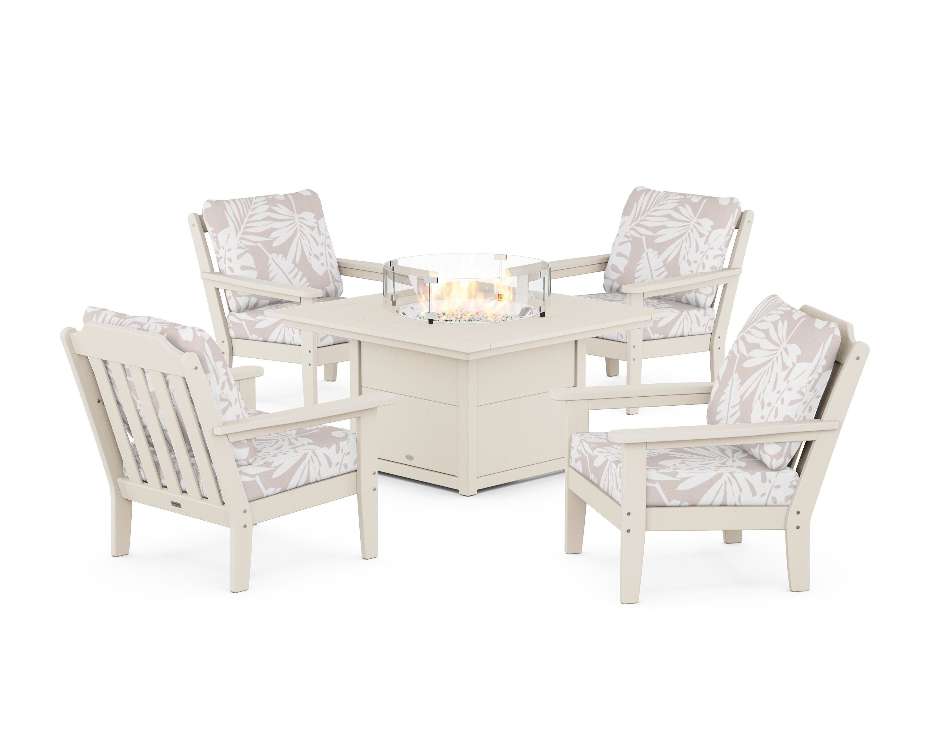 Country Living Cottage 5-Piece Deep Seating Set with Fire Pit Table in Sand / Leaf Dune Burlap