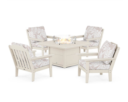 Country Living Cottage 5-Piece Deep Seating Set with Fire Pit Table in Sand / Leaf Dune Burlap