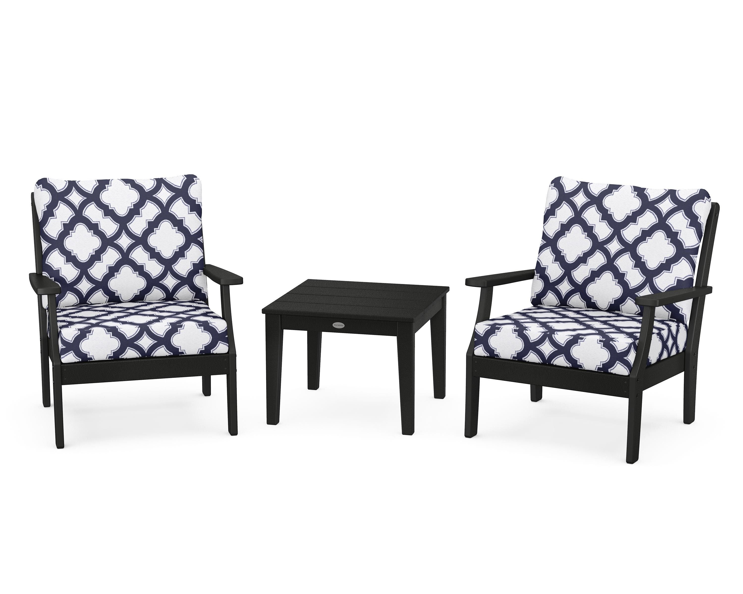 POLYWOOD® Braxton 3-Piece Deep Seating Set in Black / Trellis Navy