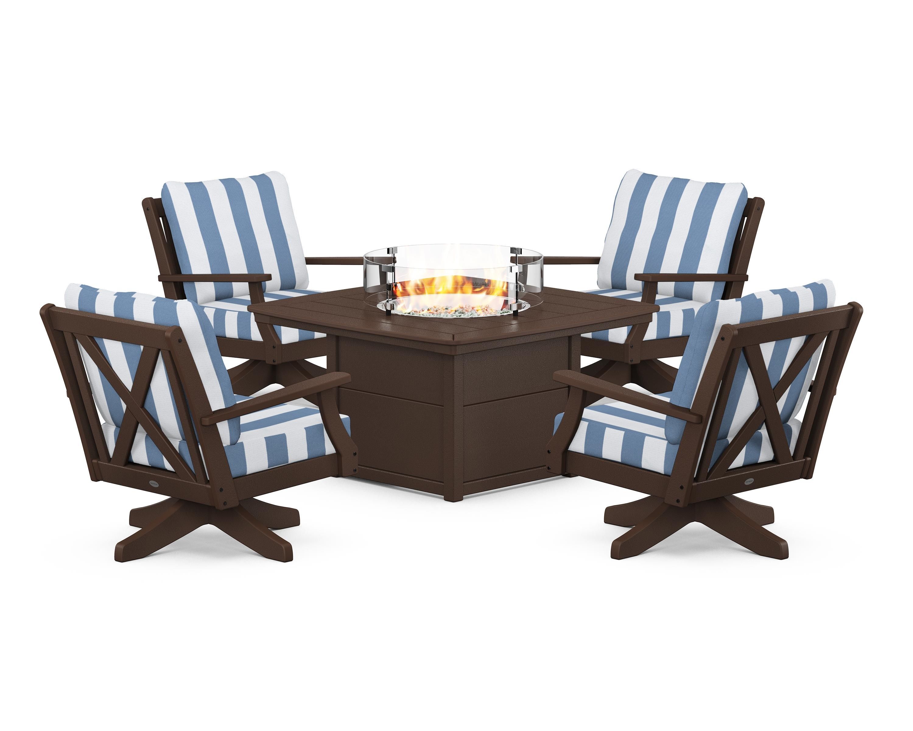 POLYWOOD® Braxton 5-Piece Deep Seating Swivel Conversation Set with Fire Pit Table in Mahogany / Cabana Stripe Sky Blue