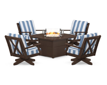 POLYWOOD® Braxton 5-Piece Deep Seating Swivel Conversation Set with Fire Pit Table in Mahogany / Cabana Stripe Sky Blue