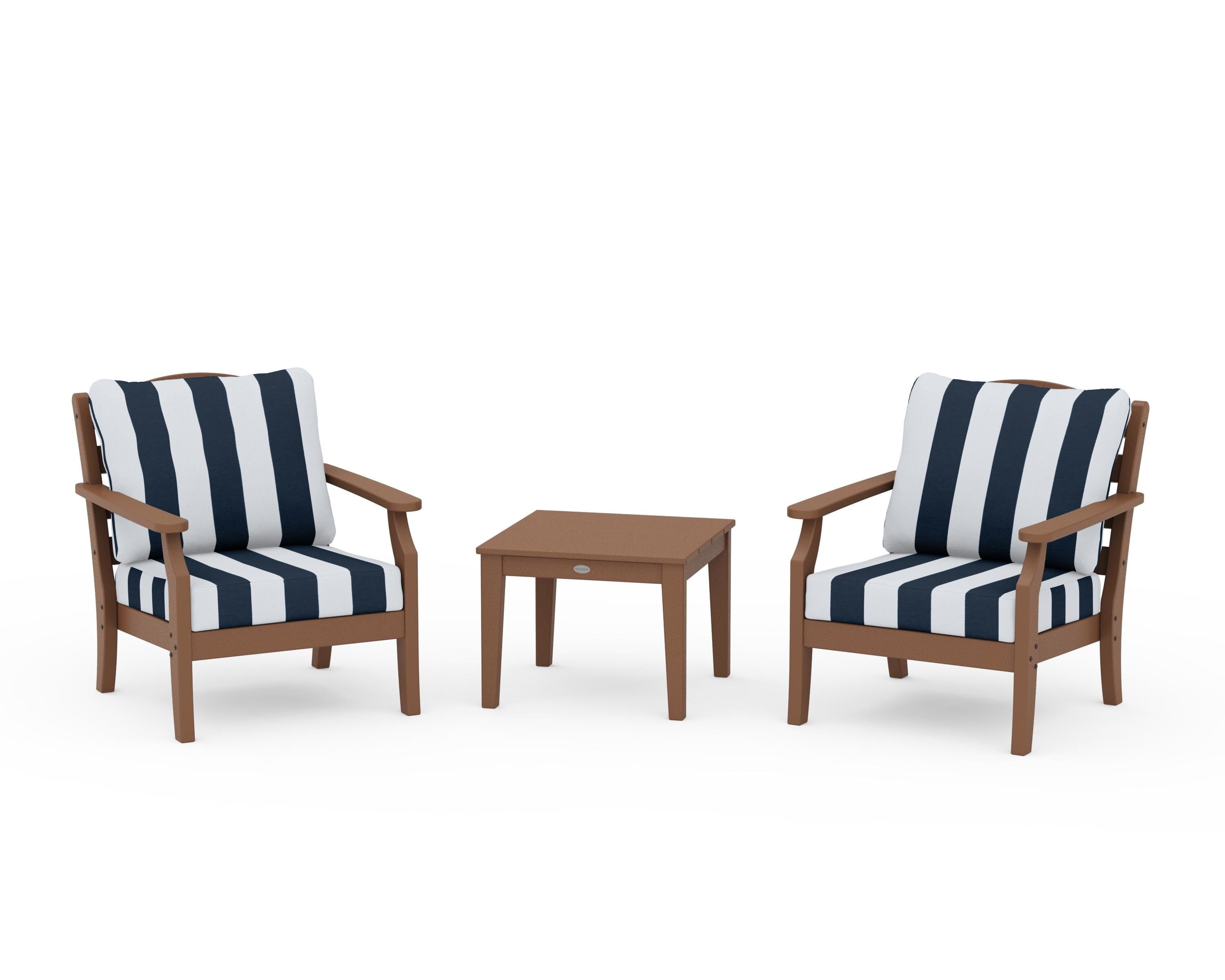Draper James™ by  POLYWOOD® Savannah 3-Piece Deep Seating Set in Teak / Cabana Stripe Marine Indigo