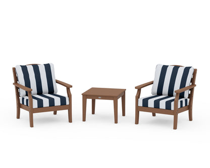 Draper James™ by  POLYWOOD® Savannah 3-Piece Deep Seating Set in Teak / Cabana Stripe Marine Indigo