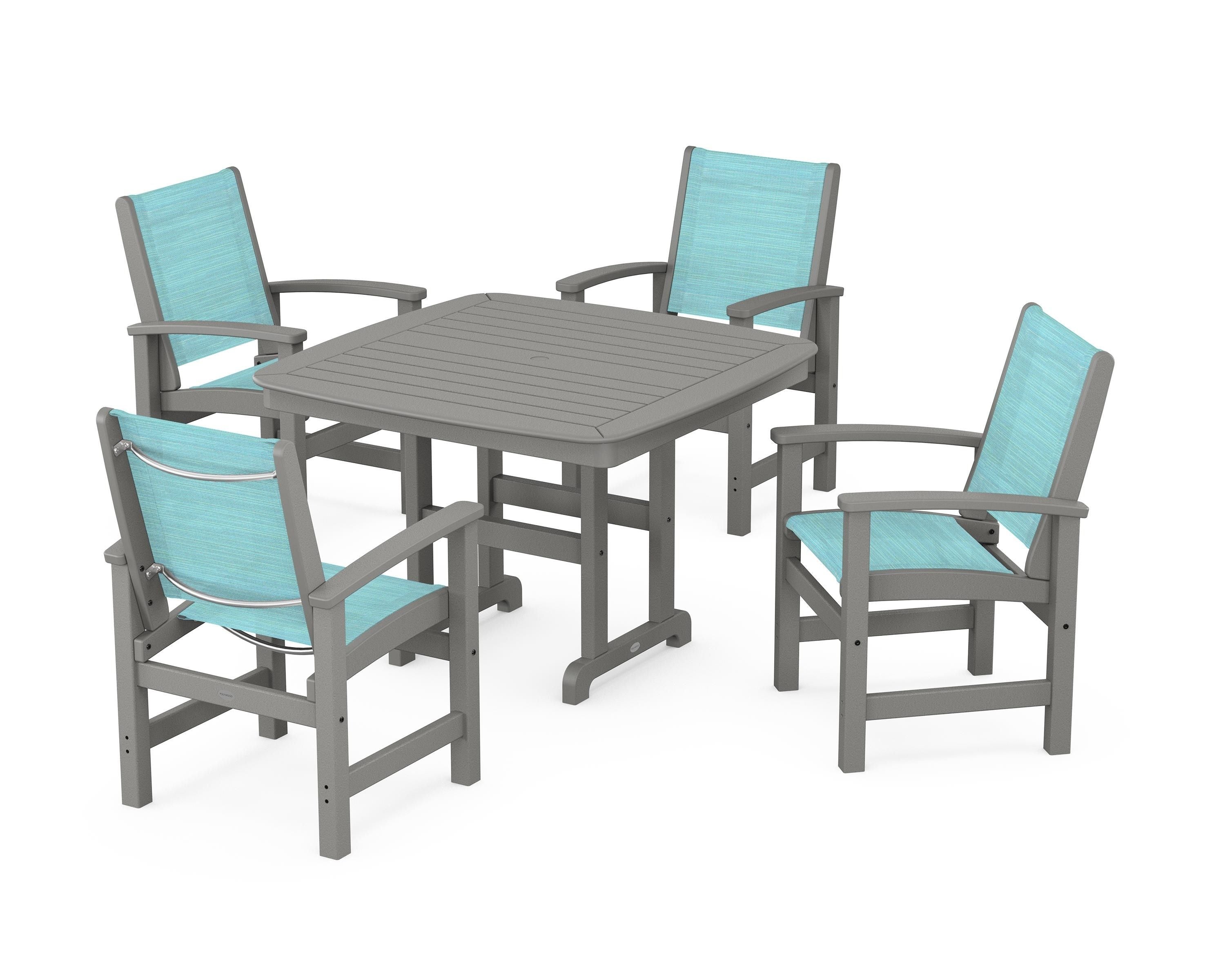POLYWOOD® Coastal 5-Piece Dining Set in Slate Grey / Dupioni Aquamarine Sling