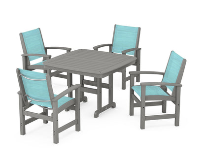 POLYWOOD® Coastal 5-Piece Dining Set in Slate Grey / Dupioni Aquamarine Sling