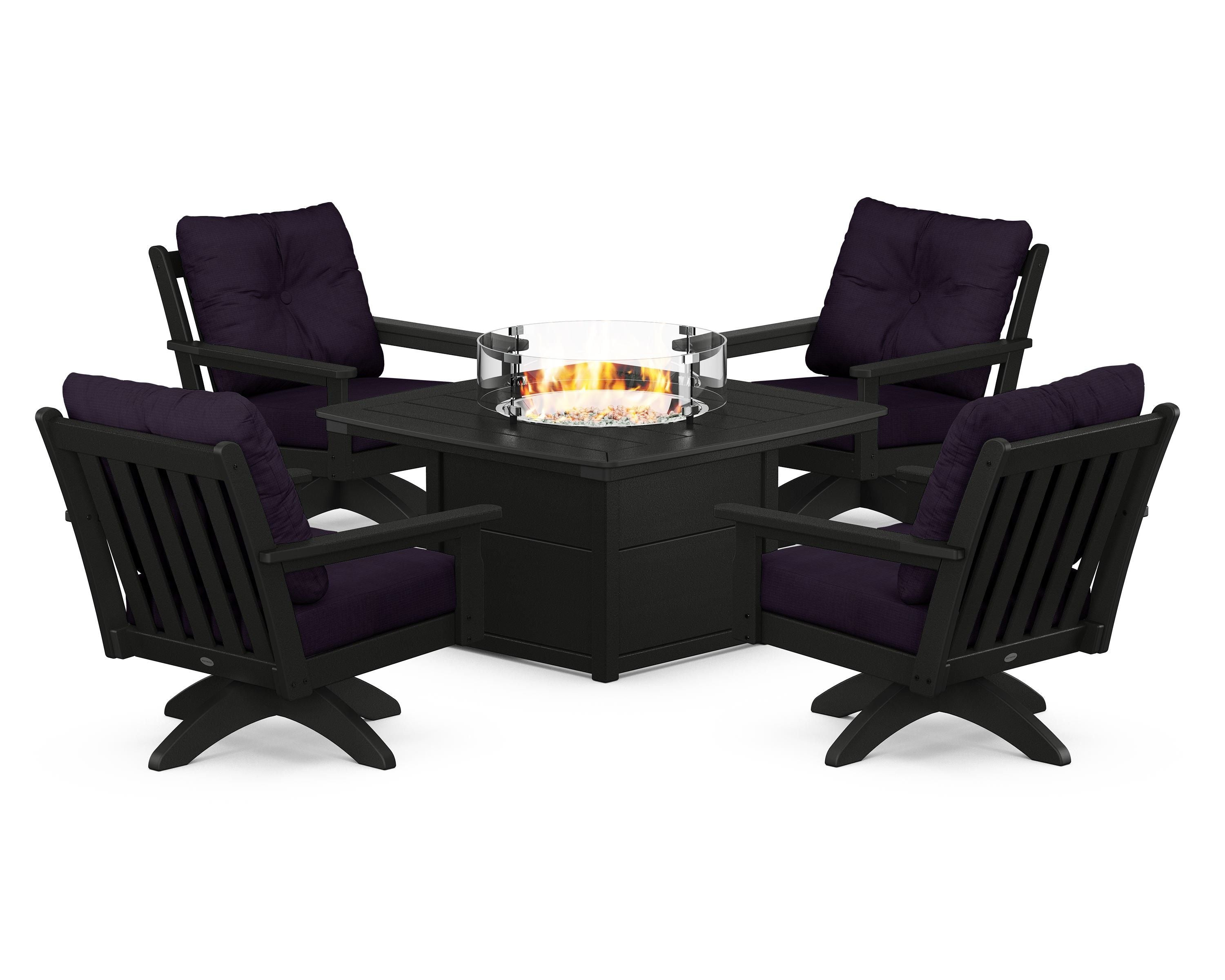 POLYWOOD® Vineyard 5-Piece Deep Seating Swivel Conversation Set with Fire Pit Table in Black / Navy Linen
