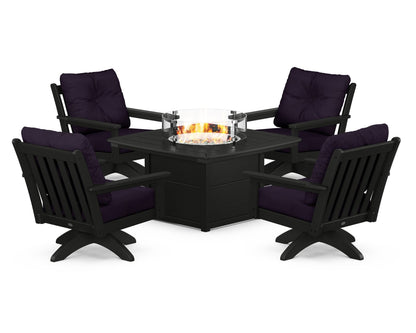 POLYWOOD® Vineyard 5-Piece Deep Seating Swivel Conversation Set with Fire Pit Table in Black / Navy Linen