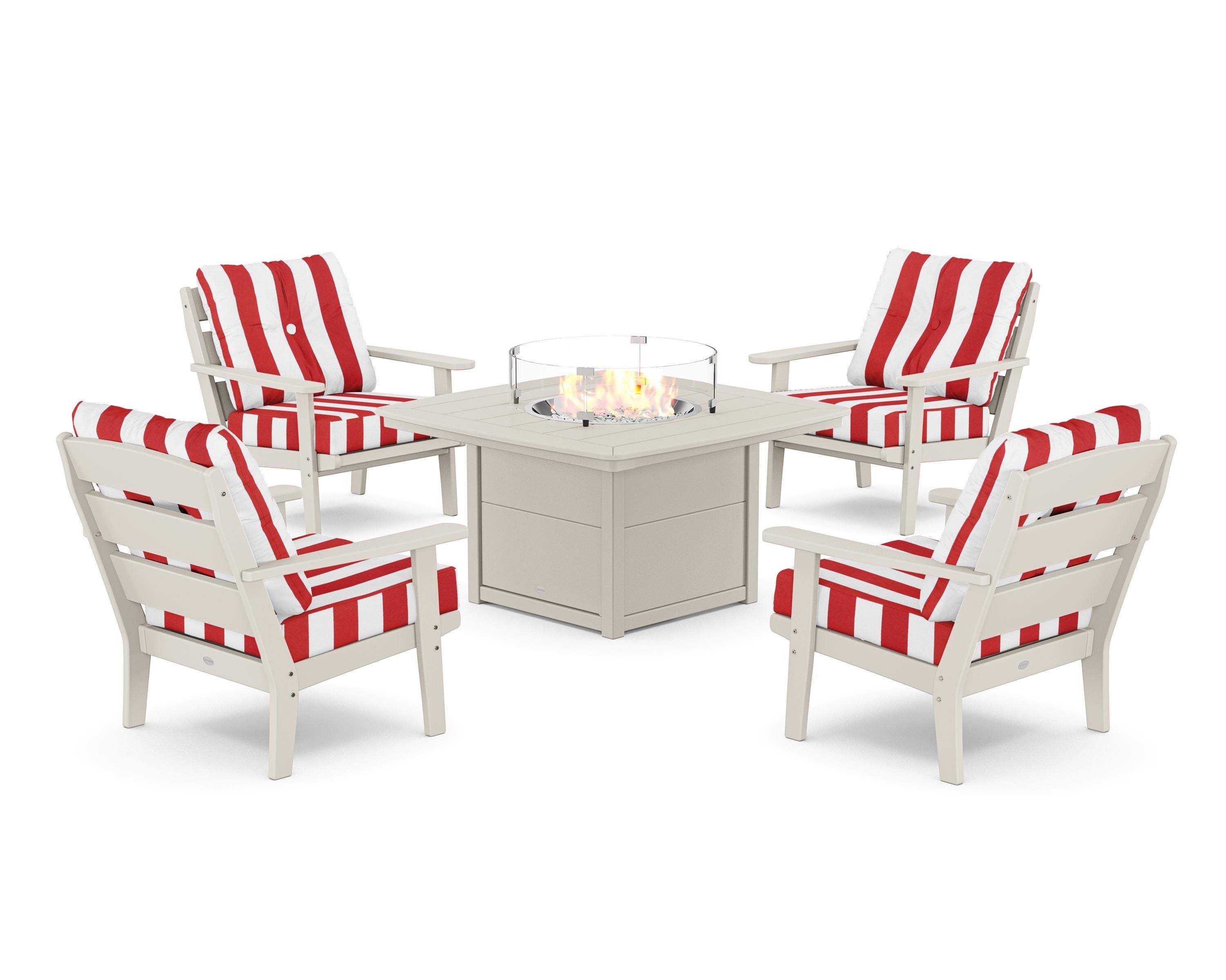 POLYWOOD® Lakeside 5-Piece Deep Seating Set with Nautical Fire Pit Table in Sand / Cabana Stripe Crimson