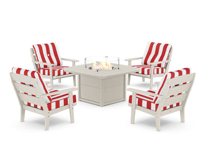 POLYWOOD® Lakeside 5-Piece Deep Seating Set with Nautical Fire Pit Table in Sand / Cabana Stripe Crimson