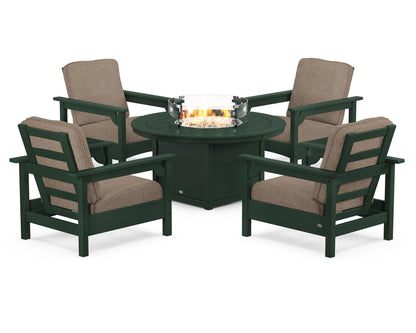 POLYWOOD® Club 5-Piece Conversation Set with Fire Pit Table in Green / Spiced Burlap