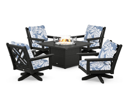 POLYWOOD® Chippendale 5-Piece Deep Seating Swivel Conversation Set with Fire Pit Table in Black / Leaf Sky Blue