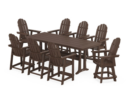 POLYWOOD® Vineyard Curveback Adirondack Swivel 9-Piece Farmhouse Counter Set with Trestle Legs in Mahogany