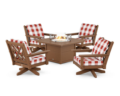 POLYWOOD® Chippendale 5-Piece Deep Seating Swivel Conversation Set with Fire Pit Table in Teak / Buffalo Plaid Crimson