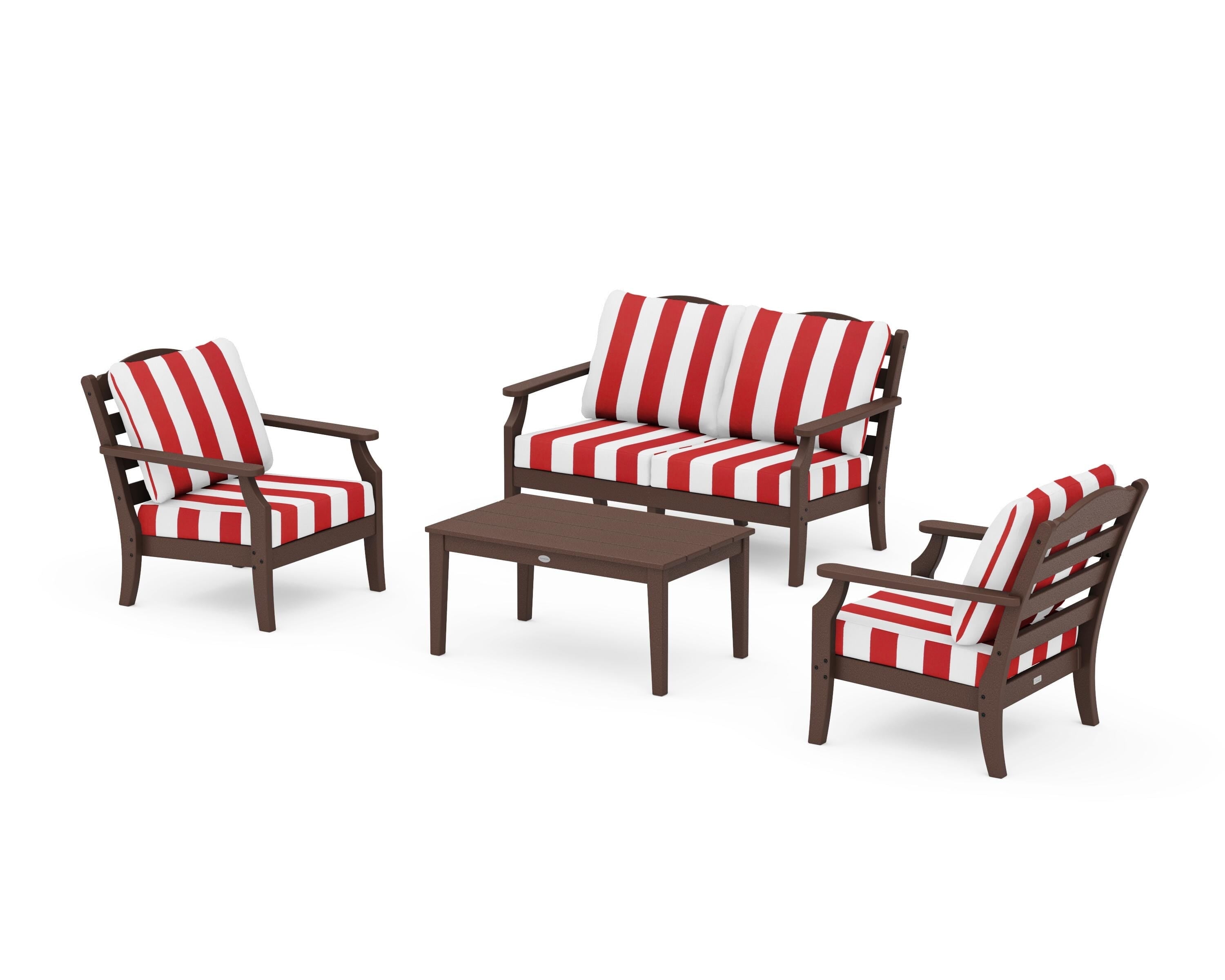Draper James™ by  POLYWOOD® Savannah 4-Piece Deep Seating Set with Loveseat in Mahogany / Cabana Stripe Crimson