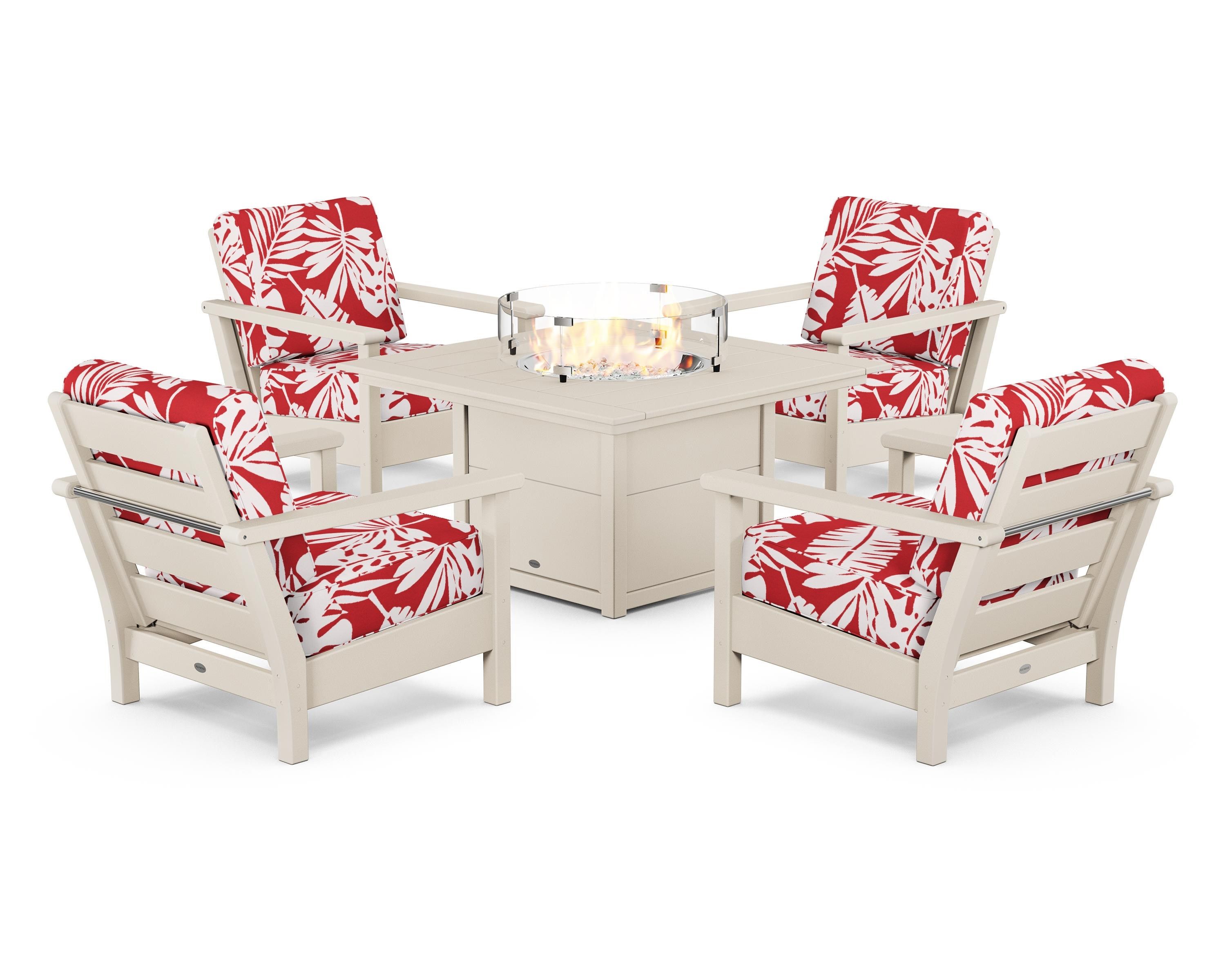 POLYWOOD® Harbour 5-Piece Conversation Set with Fire Pit Table in Sand / Leaf Crimson