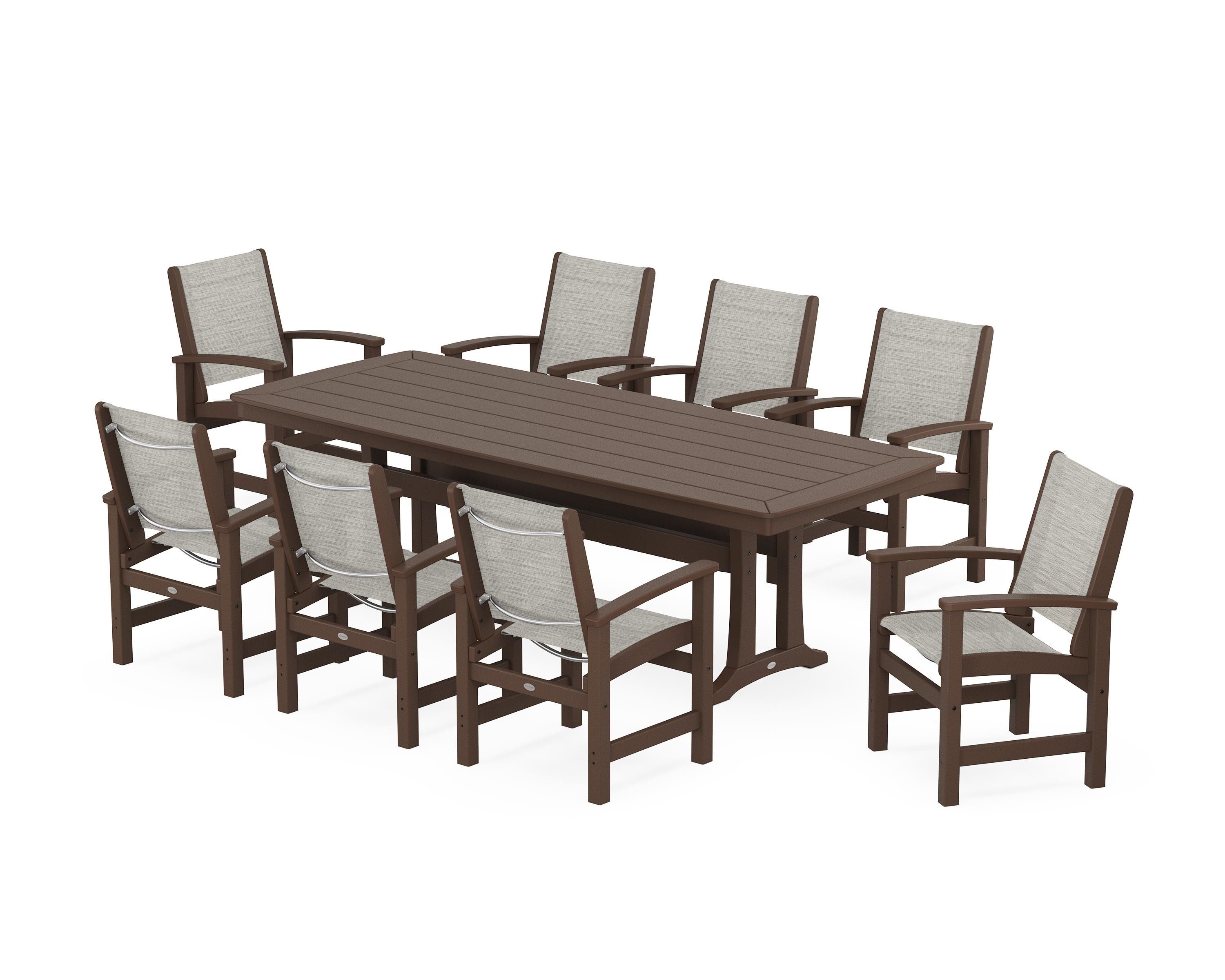 POLYWOOD® Coastal 9-Piece Dining Set with Trestle Legs in Mahogany / Birch Sling