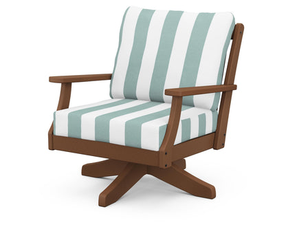 POLYWOOD® Braxton Deep Seating Swivel Chair in Teak / Cabana Stripe Glacier Spa