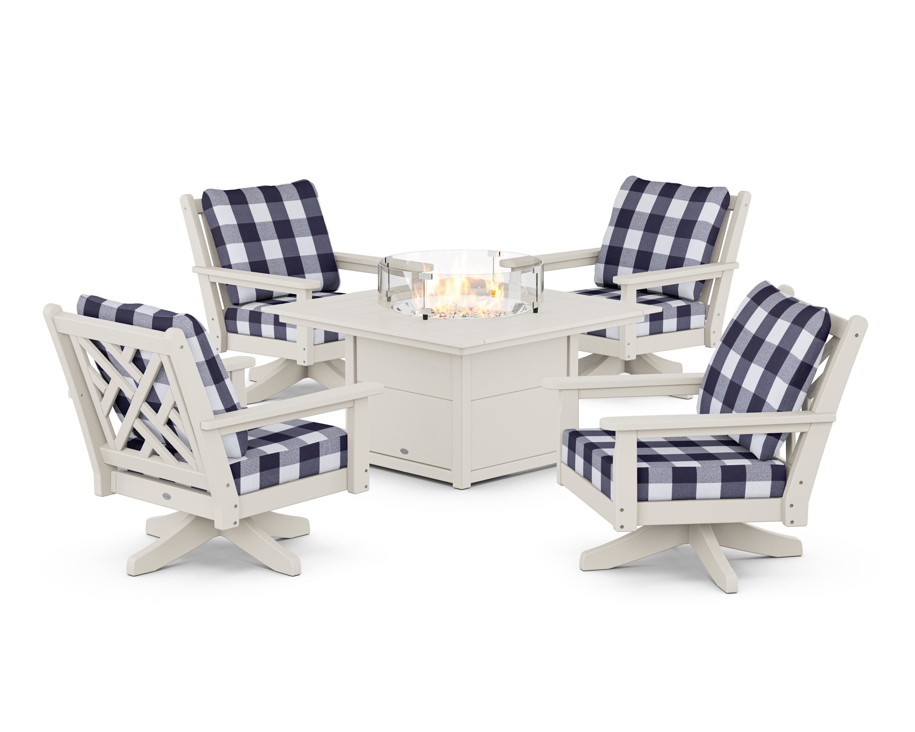 POLYWOOD® Chippendale 5-Piece Deep Seating Swivel Conversation Set with Fire Pit Table in Sand / Buffalo Plaid Navy