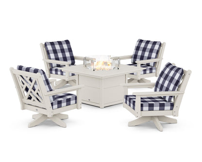 POLYWOOD® Chippendale 5-Piece Deep Seating Swivel Conversation Set with Fire Pit Table in Sand / Buffalo Plaid Navy