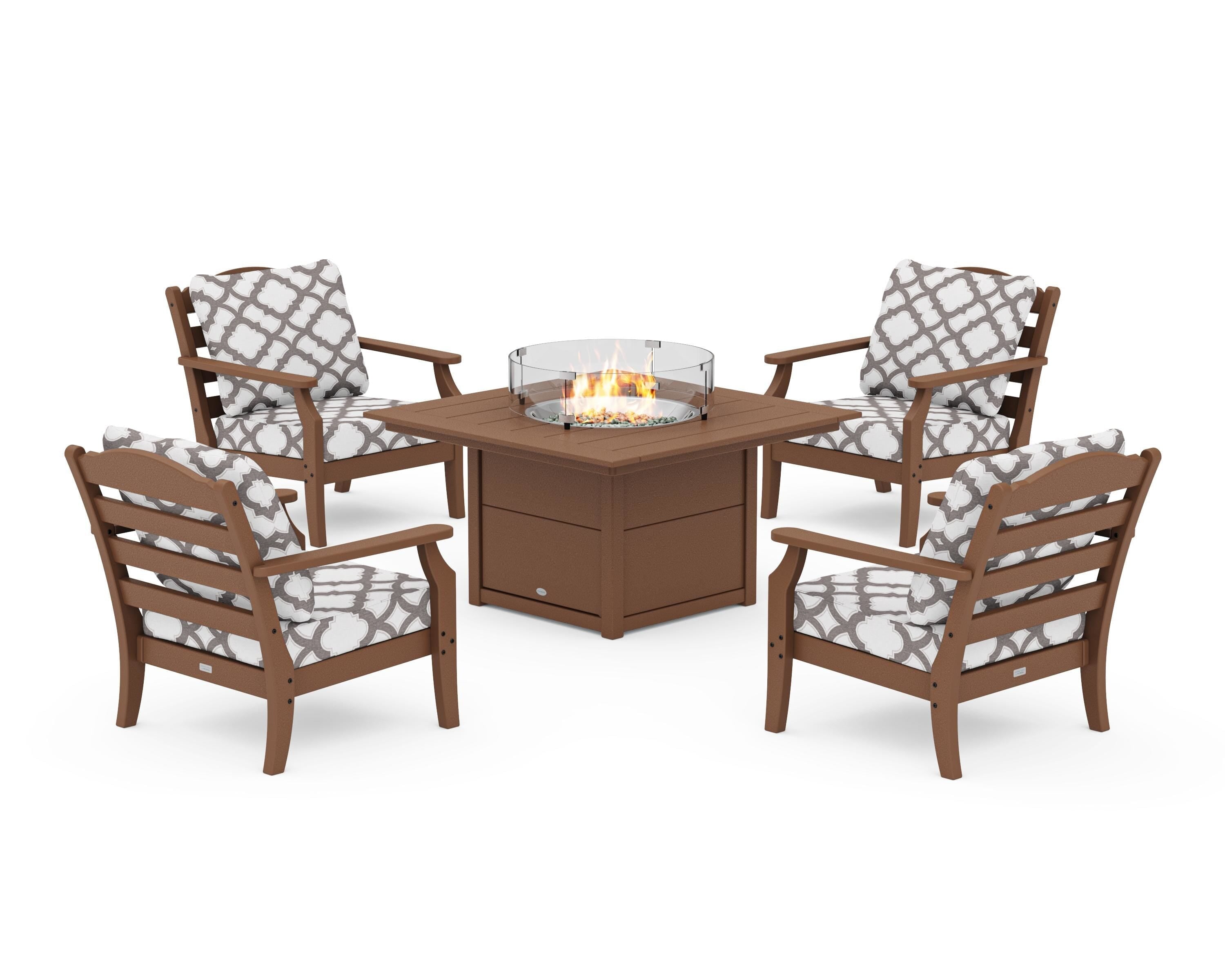 Draper James™ by  POLYWOOD® Savannah 5-Piece Deep Seating Set with Fire Pit Table in Teak / Trellis Grey Mist