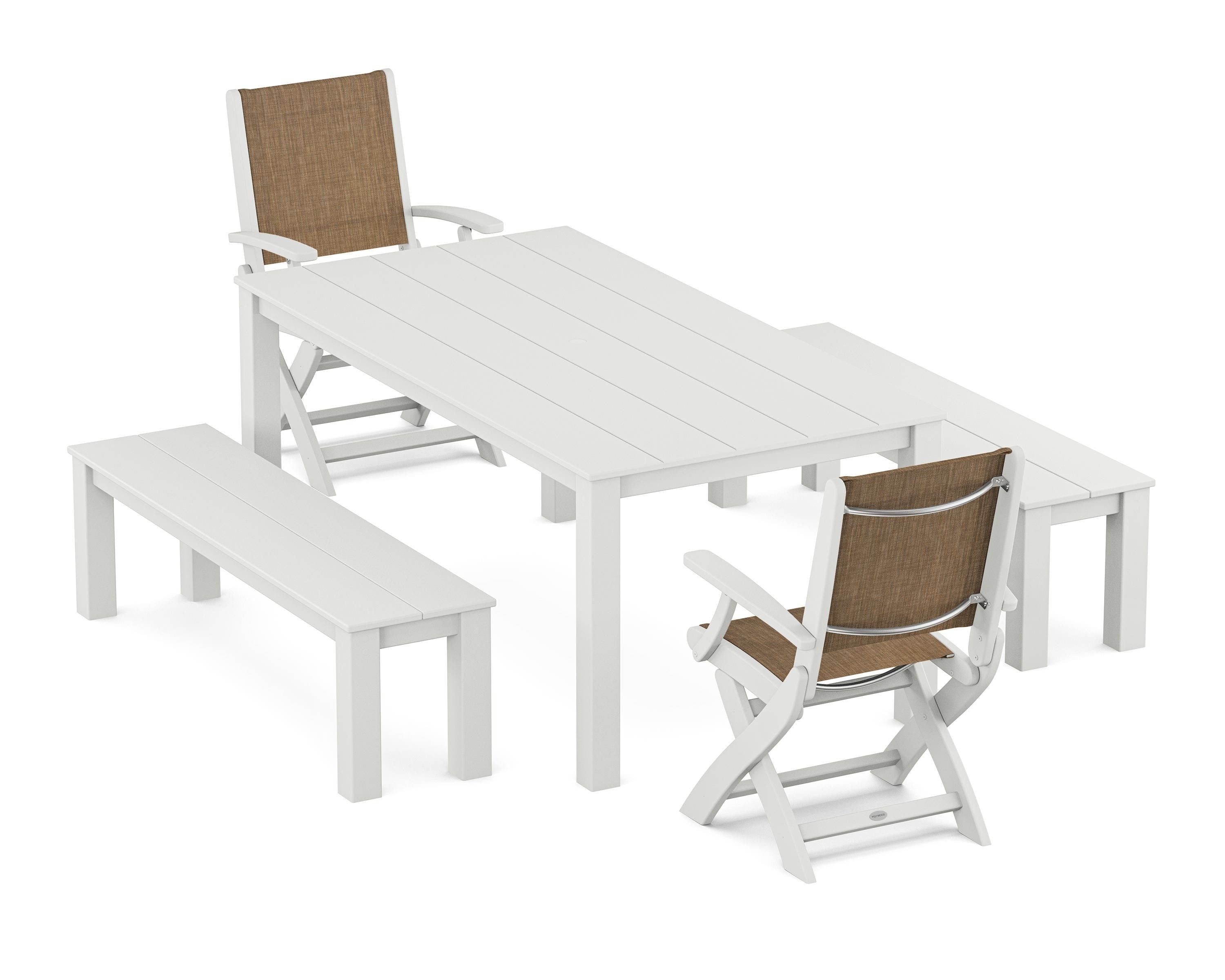 POLYWOOD® Coastal Folding Chair 5-Piece Parsons Dining Set with Benches in White / Burlap Sling