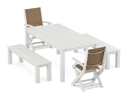 POLYWOOD® Coastal Folding Chair 5-Piece Parsons Dining Set with Benches in White / Burlap Sling