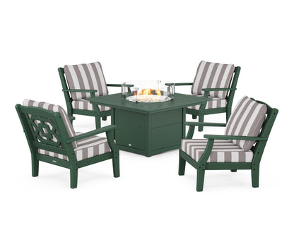Martha Stewart by POLYWOOD® Chinoiserie 5-Piece Deep Seating Set with Fire Pit Table in Green / Cabana Stripe Grey Mist