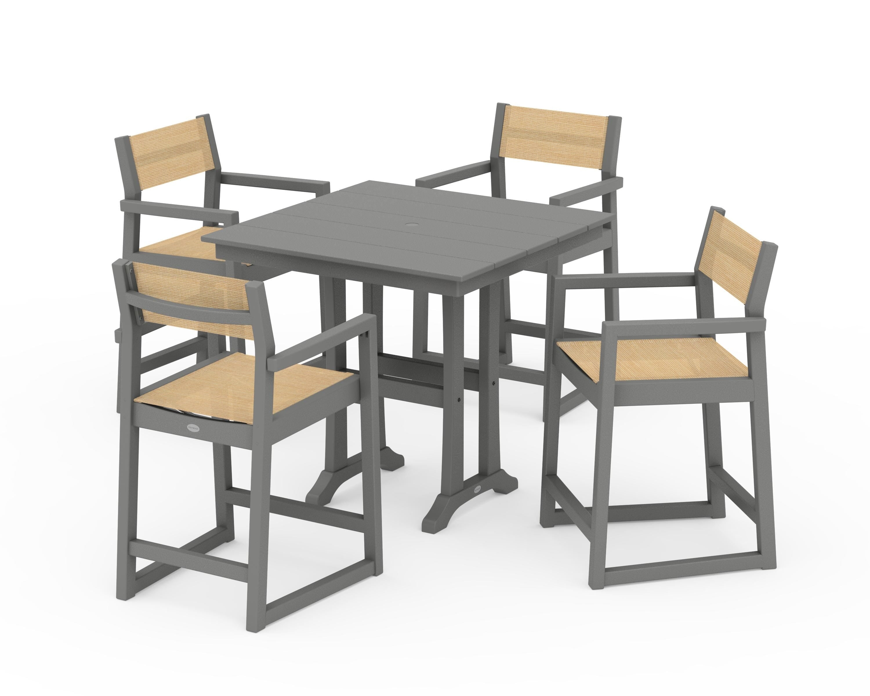 POLYWOOD® EDGE Sling Arm Chair 5-Piece Farmhouse Counter Set with Trestle Legs in Slate Grey / Dupioni Apricot Sling