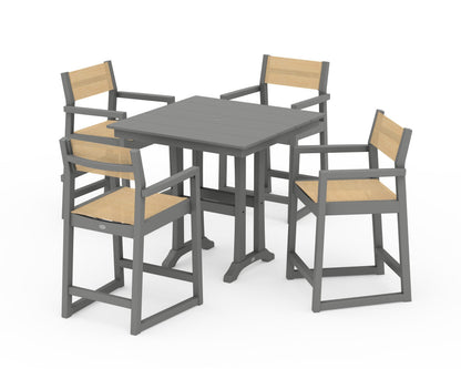 POLYWOOD® EDGE Sling Arm Chair 5-Piece Farmhouse Counter Set with Trestle Legs in Slate Grey / Dupioni Apricot Sling