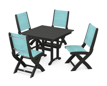 POLYWOOD® Coastal Folding Side Chair 5-Piece Farmhouse Dining Set in Black / Dupioni Aquamarine Sling