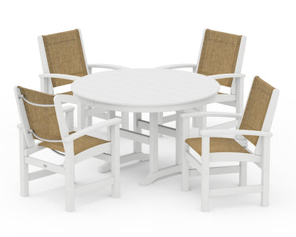 POLYWOOD® Coastal 5-Piece Round Farmhouse Dining Set in White / Burlap Sling