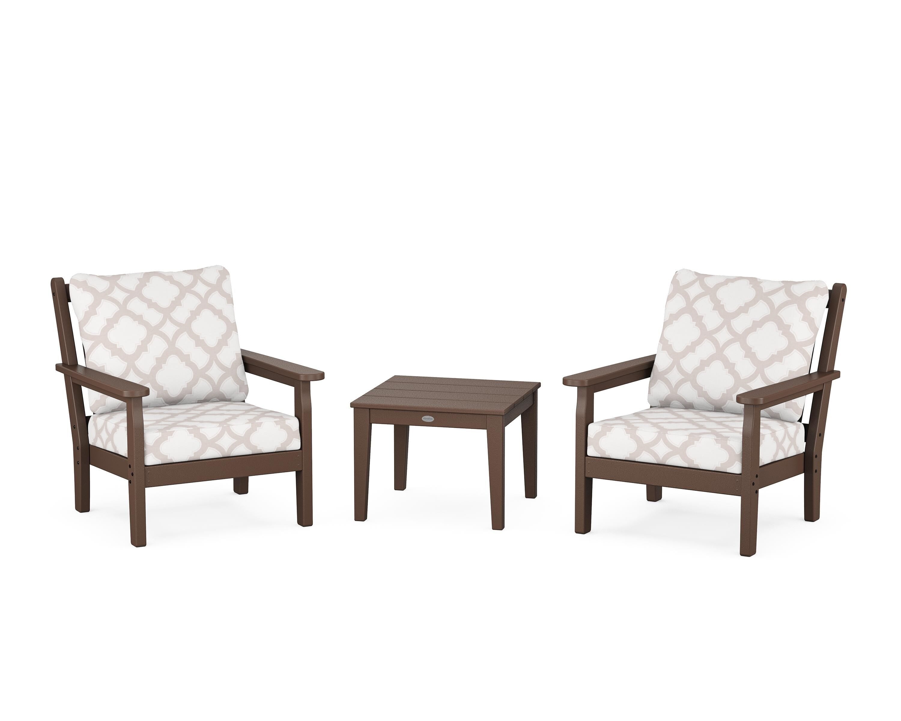 POLYWOOD® Chippendale 3-Piece Deep Seating Set in Mahogany / Trellis Dune Burlap