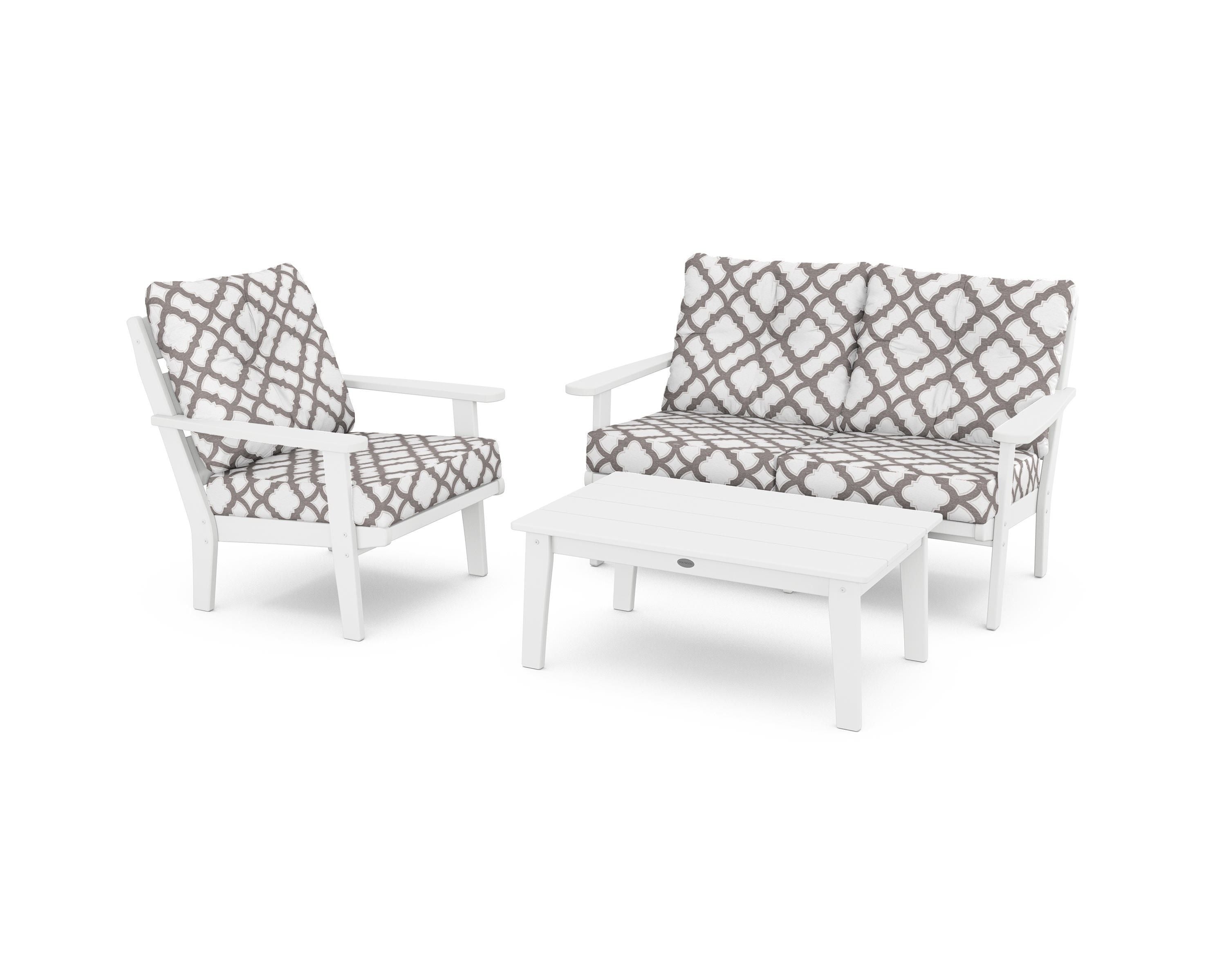 POLYWOOD® Lakeside 3-Piece Deep Seating Set in White / Trellis Grey Mist