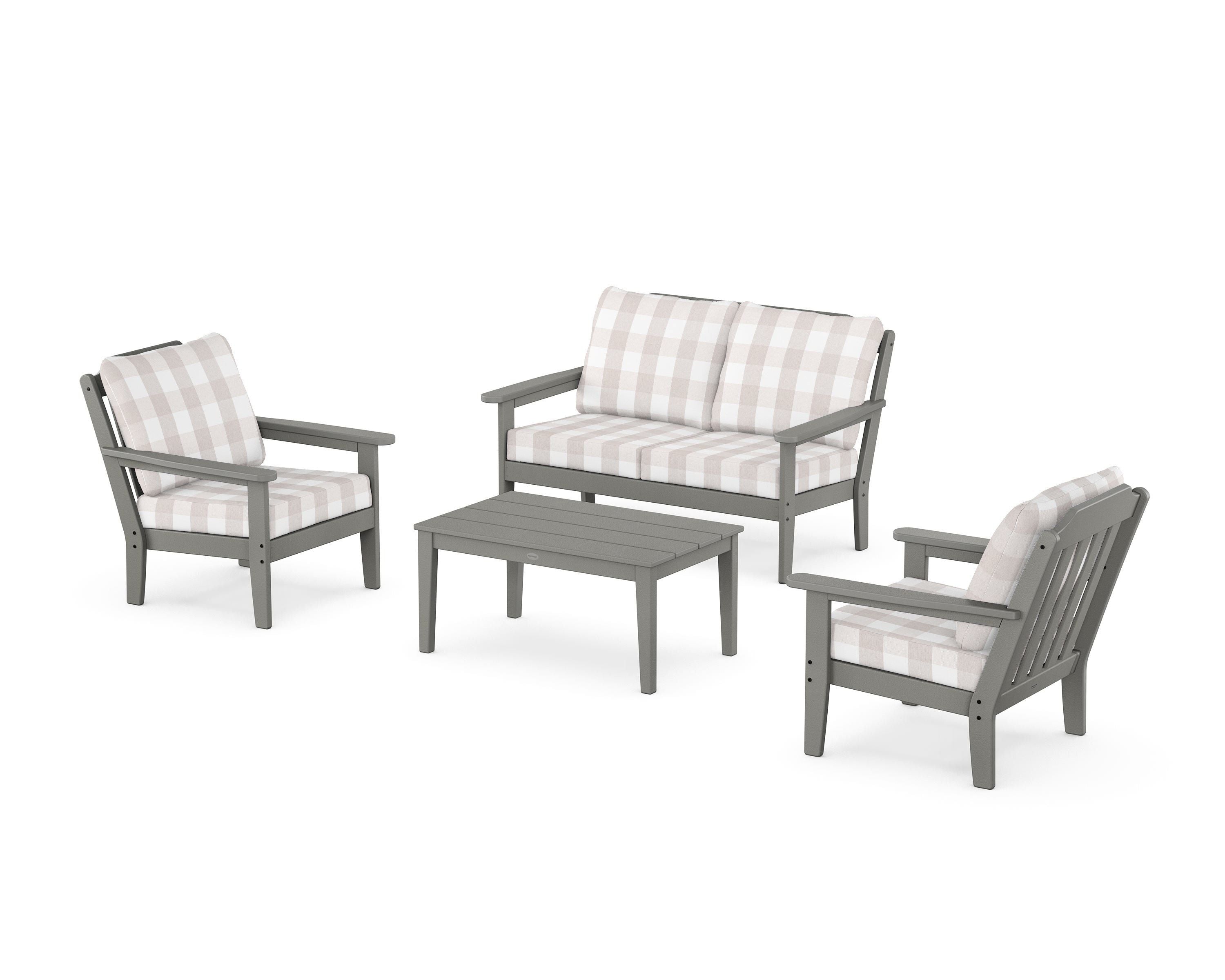 Country Living Cottage 4-Piece Deep Seating Set with Loveseat in Slate Grey / Buffalo Plaid Dune Burlap